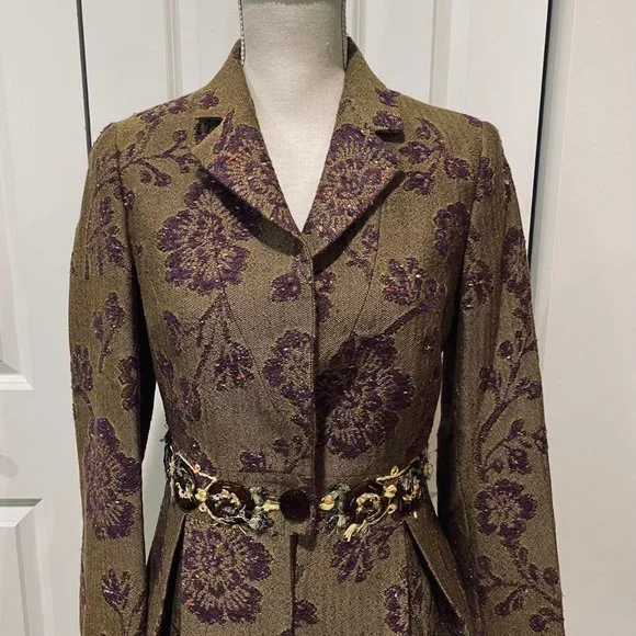 Etro Green Blazer with Floral Brocade and Notched Lapels
